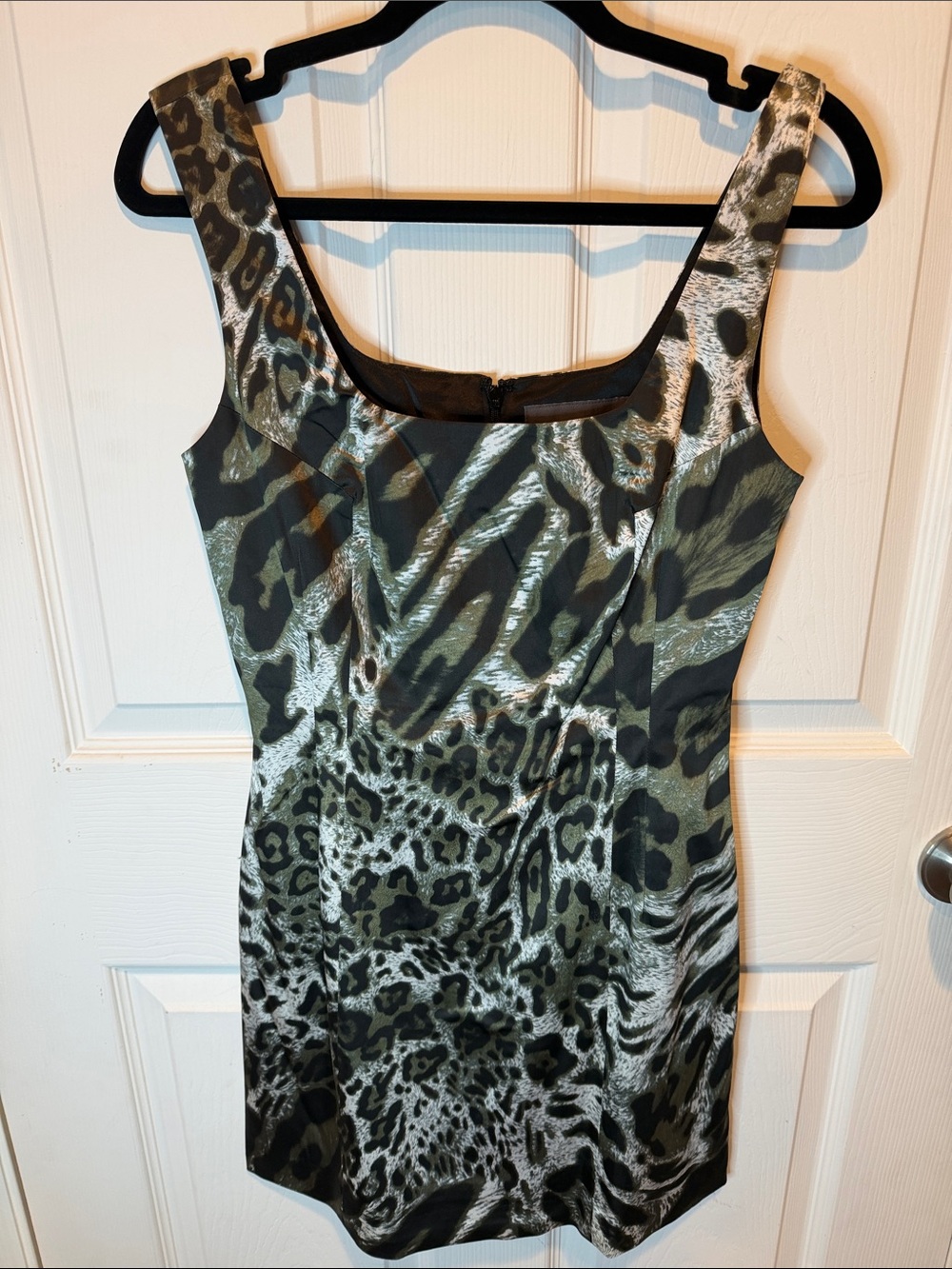 JAYGODFREY Sleeveless Animal Print Cocktail Dress in Olive Green and Black